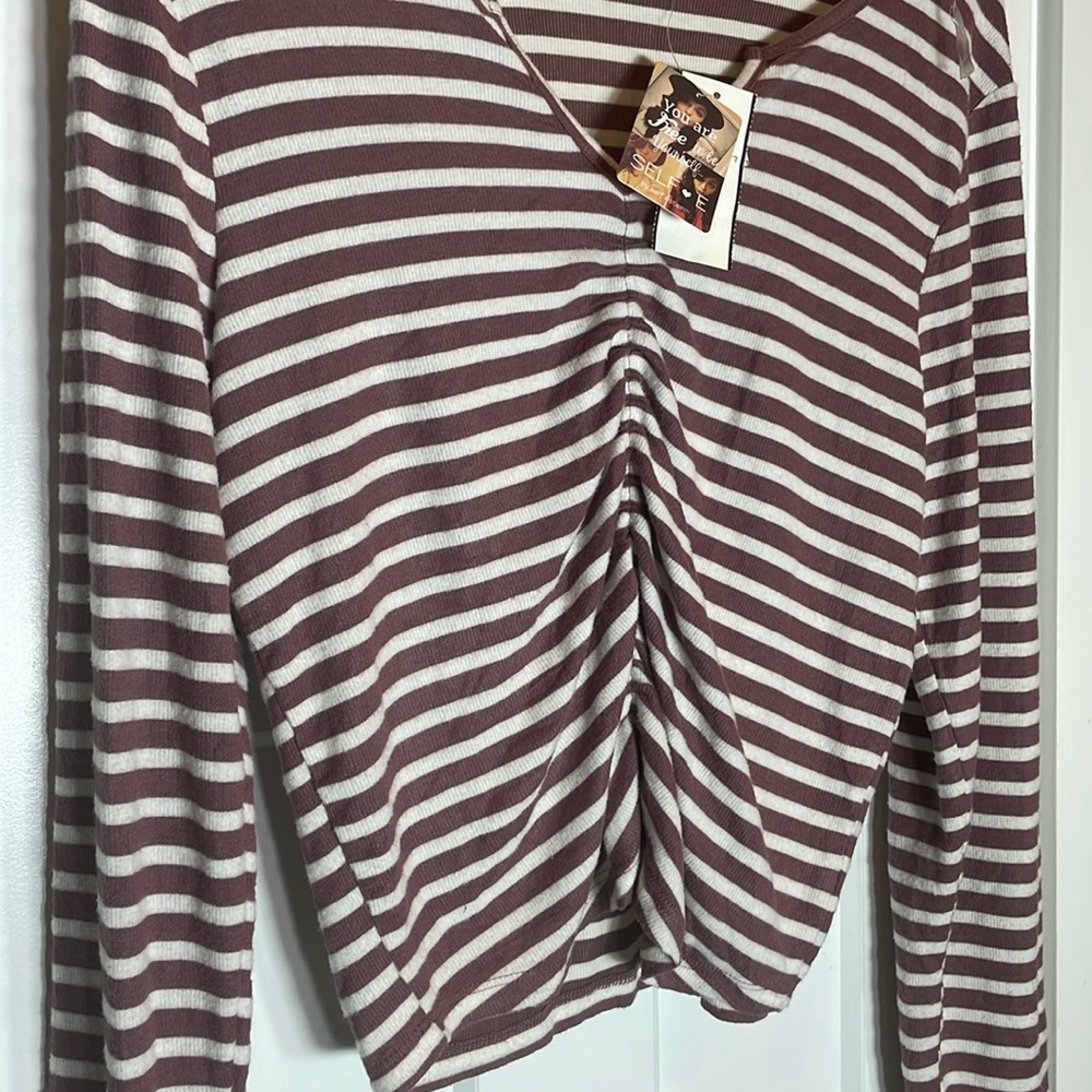 Sky Striped V-Neck Long Sleeve Top - Burgundy and White - Picture 3 of 3